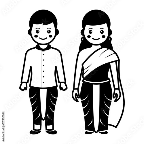Man wearing yellow shirt with blue dhoti and lady wearing sari vector icon design, World Indigenous Peoples symbol, characters in casual clothes Sign, bangladesh couple standing together Concept