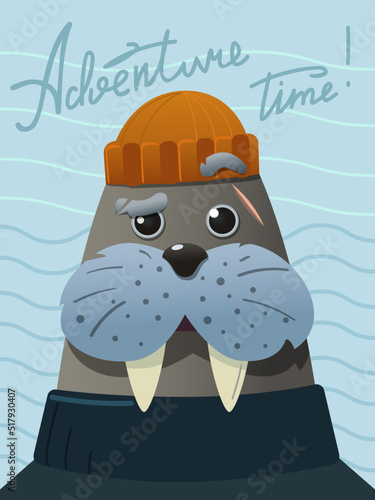 cute fun children's illustration.Walrus is a seasoned sailor in cartoon style.Walrus is a fisherman calling for adventure.