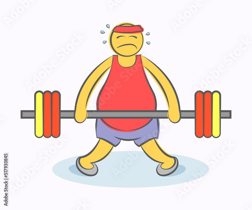 Concept of sport failure and defeat. Unsuccessful athlete. Man can't get up with barbell. Hand drawn cartoon doodle vector illustration. Funny person.