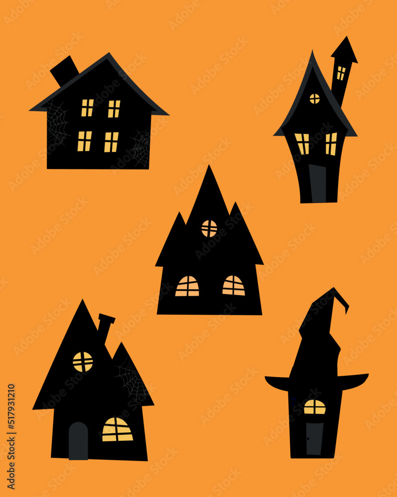 Set of halloween houses. Black silhouettes of houses on an orange background. Vector illustration