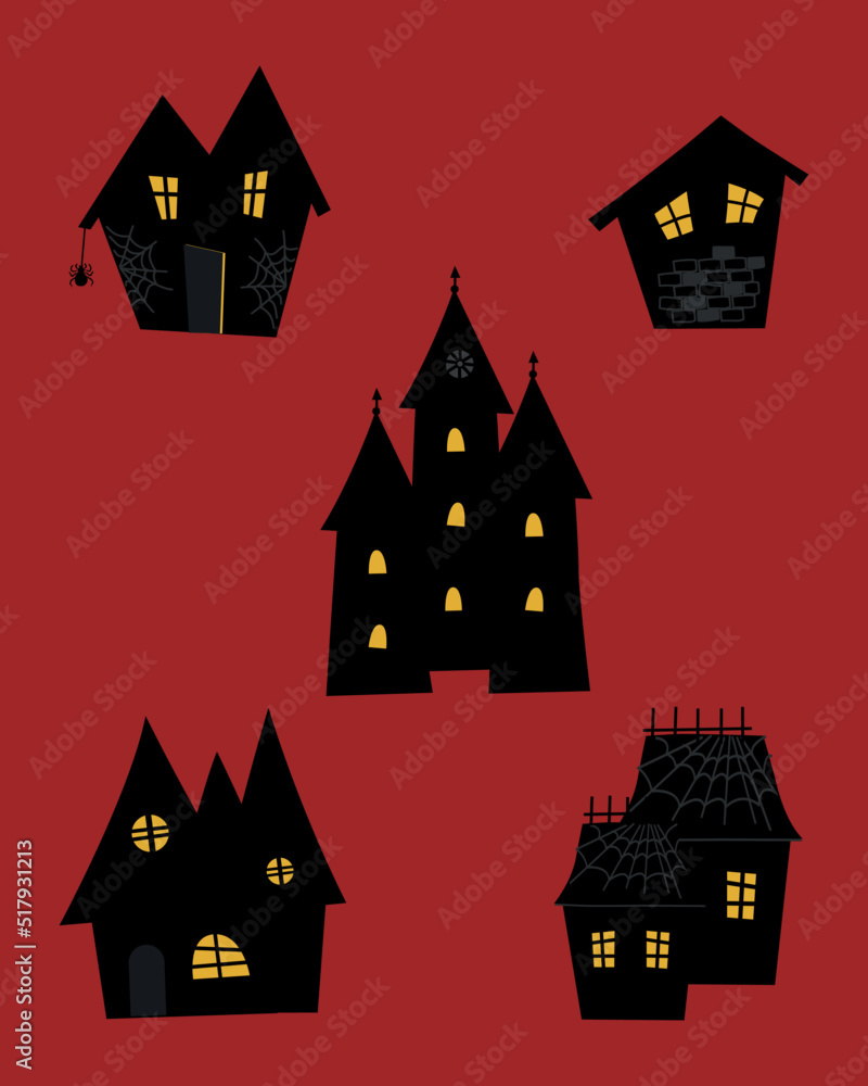 Set of halloween houses. Black silhouettes of houses on a red background. Vector illustration