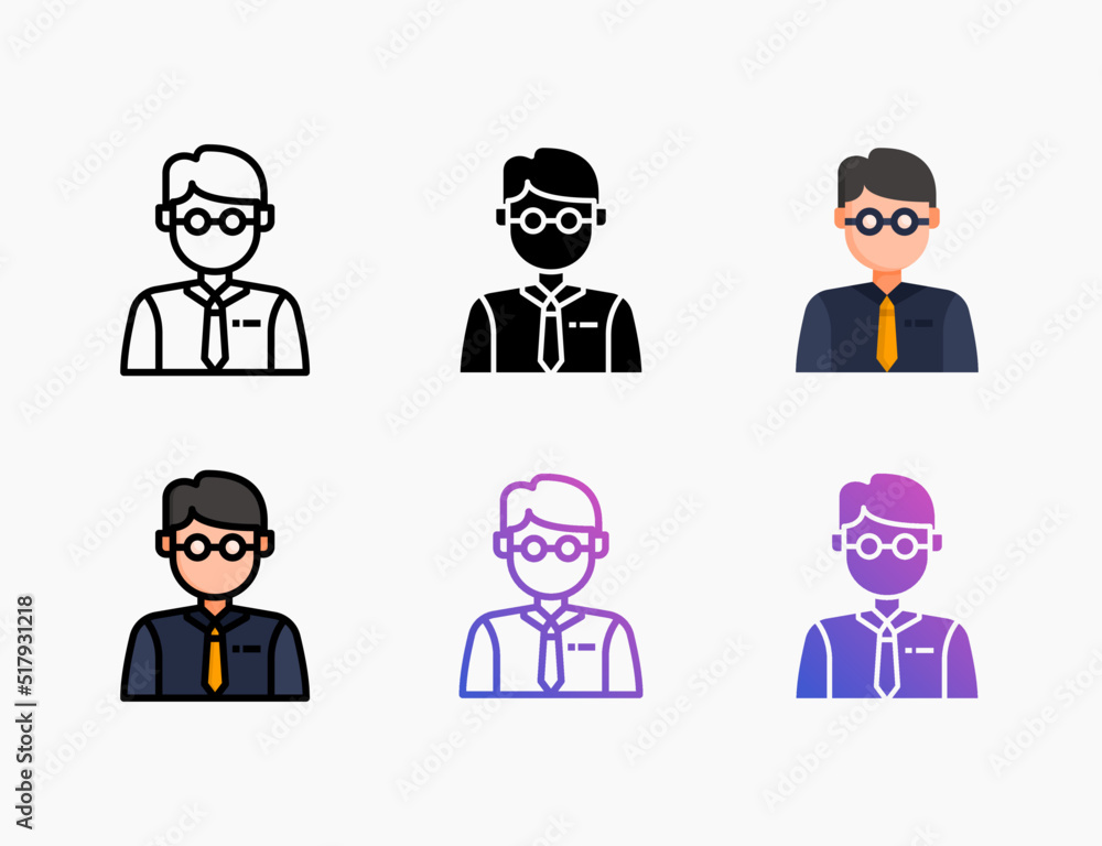 Teacher icon set with different styles. Style line, outline, flat, glyph, color, gradient. Editable stroke and pixel perfect. Can be used for digital product, presentation, print design and more.