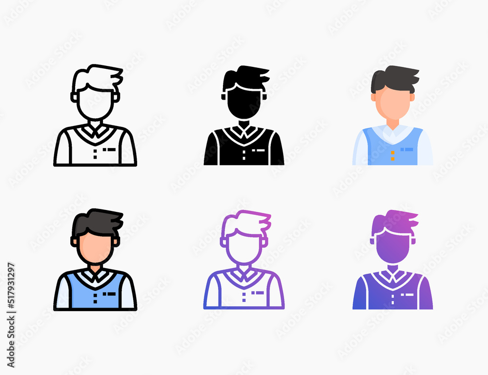 Student Boy icon set with different styles. Style line, outline, flat, glyph, color, gradient. Editable stroke and pixel perfect. Can be used for digital product, presentation, print design and more.