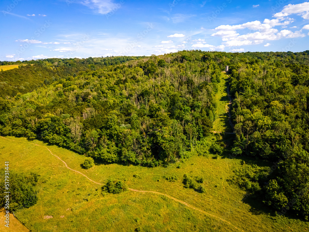 Obraz premium Aerial view of Box Hill, a summit of the North Downs in Surrey, south-west of London, UK