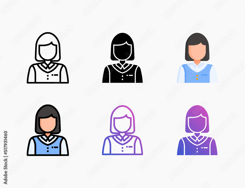 Student Girl icon set with different styles. Style line, outline, flat, glyph, color, gradient. Editable stroke and pixel perfect. Can be used for digital product, presentation, print design and more. Student Girl icon set with different styles. Style line, outline, flat, glyph, color, gradient. Editable stroke and pixel perfect. Can be used for digital product, presentation, print design and more.