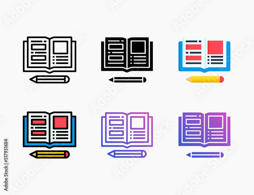 Open Book icon set with different styles. Style line, outline, flat, glyph, color, gradient. Editable stroke and pixel perfect. Can be used for digital product, presentation, print design and more.