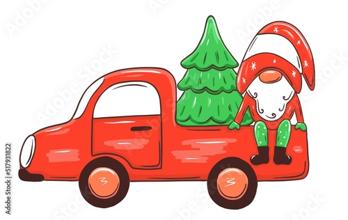 Christmas gnome in Santa hat with truck