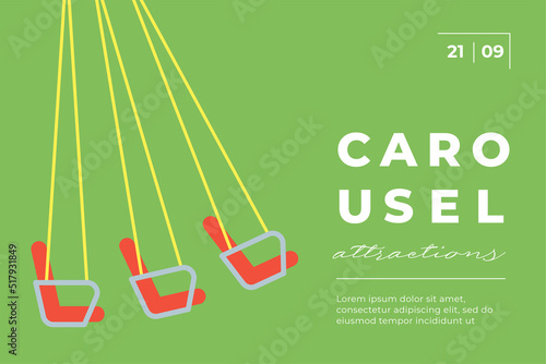 Amusement park festive minimal trendy horizontal poster with children attraction rotating carousel. Carnival funfair minimalistic creative design flyer. Summer holiday fun fair festival flat eps card