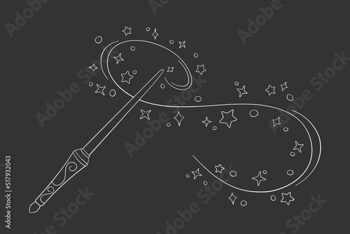 Magic wand in doodle style, vector illustration. Shiny stick icon for print and design, hand drawn. Isolated elements on a chalk board background. Magician cast spell, fairy stars and sparkles