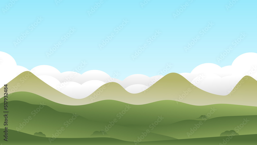 landscape cartoon scene with green bush on hills and white cloud in blue sky background