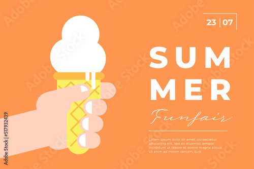 Summer festival minimal trendy horizontal poster with ice cream in hand. Carnival funfair minimalistic creative design flyer. Holiday fun fair festive simple flat vector eps greeting card