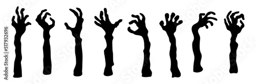 Set of doodle zombie hands silhouettes. Halloween decor. Vector illustration.