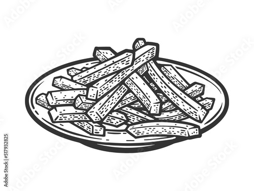french fries on plate sketch engraving vector illustration. T-shirt apparel print design. Scratch board imitation. Black and white hand drawn image.