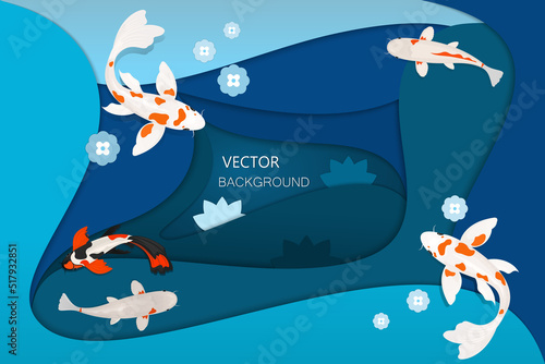 Vector background with carps on a cut paper background.Modern polygonal craft style. Vector illustration.	