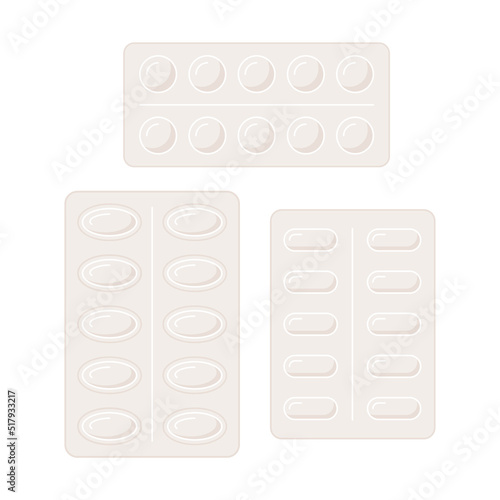 A set of tablets and capsules of different forms. A set of vitamins packaging icons.