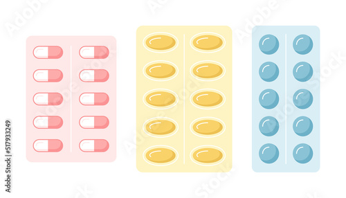 A set of vitamins pack icons. A set of vitamins of different colors.