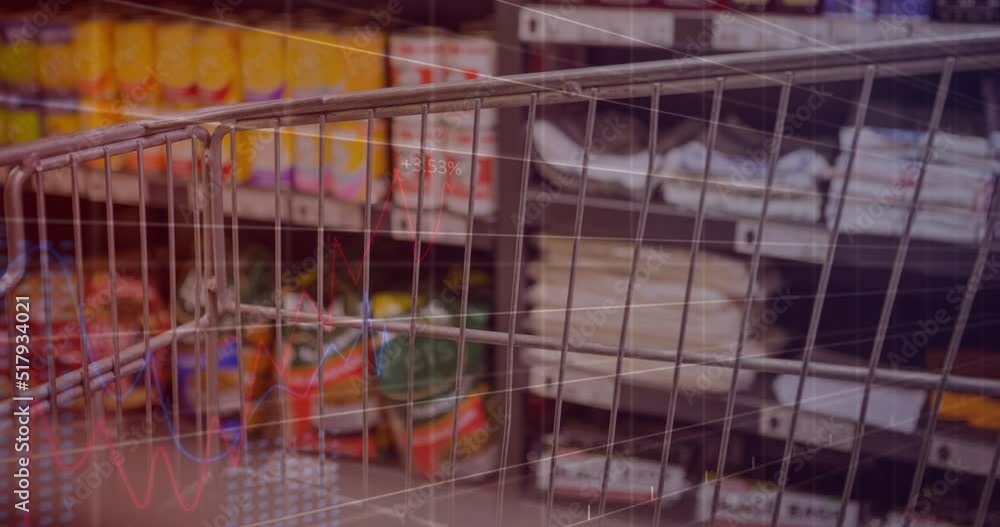 Animation of financial data processing over shopping cart Animation of financial data processing over shopping cart