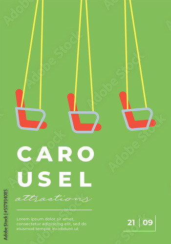 Amusement park festive minimal trendy vertical poster with children attraction rotating carousel. Carnival funfair minimalistic creative design flyer. Summer holiday fun fair festival flat eps card