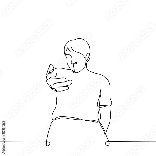 man stands and looks down at the viewer and extends his hand to help him up - one line drawing vector. concept true friend, offer help