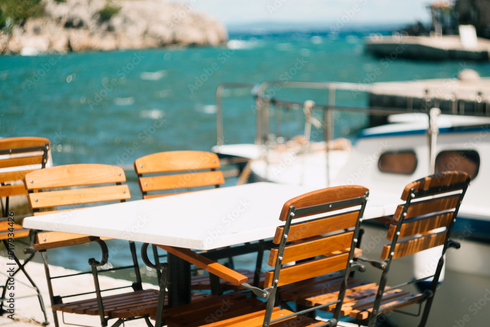 Breakfast table with amazing sea view of Kvarner bay on Croatia island Mali Lošinj
