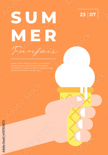 Summer festival minimal trendy vertical poster with ice cream in hand. Carnival funfair minimalistic creative design flyer. Holiday fun fair festive simple flat vector eps greeting card