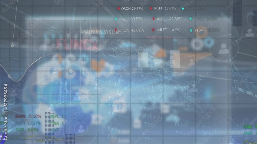 Animation of connections, globe, world map and financial data processing Animation of connections, globe, world map and financial data processing