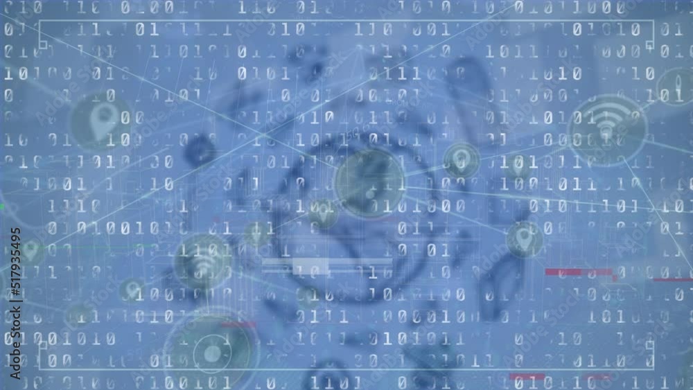 Animation of connections, globe and binary code on blue background Animation of connections, globe and binary code on blue background