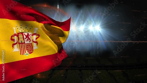 Animation of financial data processing over flag of spain and spotlights in sports stadium