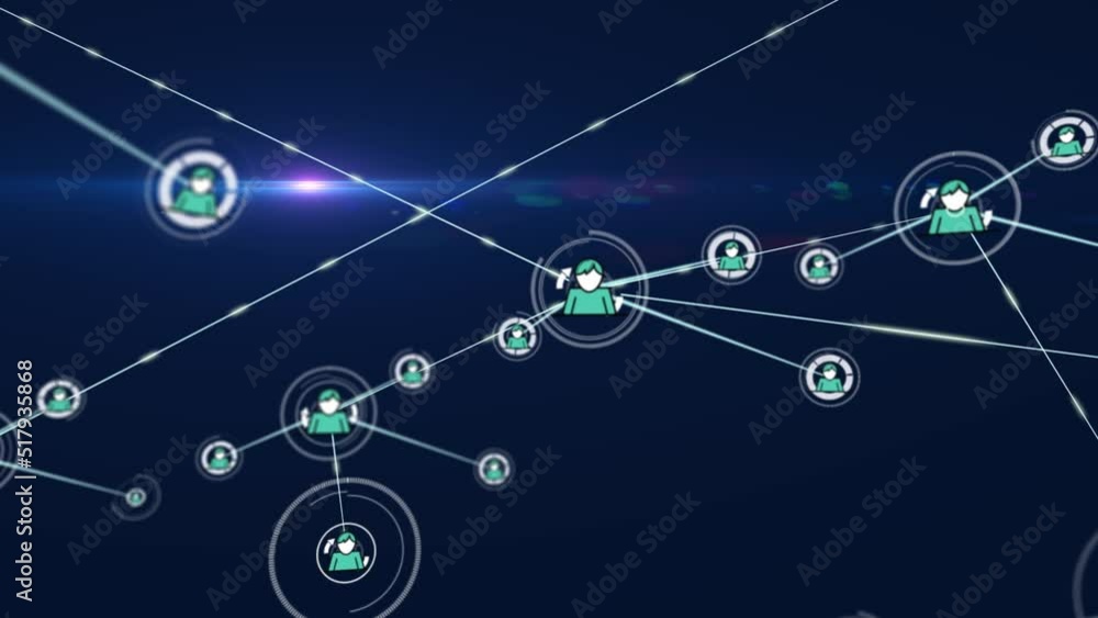 Animation of network of connections with people icons on blue background Animation of network of connections with people icons on blue background
