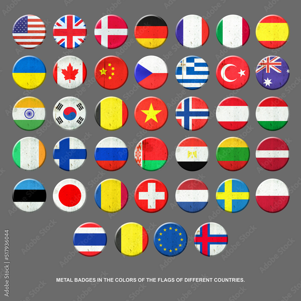 Set of metal badges in the colors of the flags of different countries. Isolated on a gray background. Signs and symbols. Flags. Design Set of metal badges in the colors of the flags of different countries. Isolated on a gray background. Signs and symbols. Flags. Design