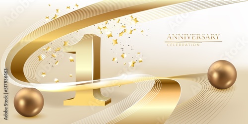 1th Anniversary celebration. Gold numbers with glitter gold confetti, serpentine.