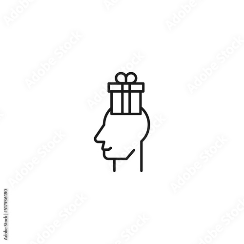 Hobbies  thought and ideas concept. Vector sign drawn in flat style. Editable stroke. Line icon of gift or present over head of man