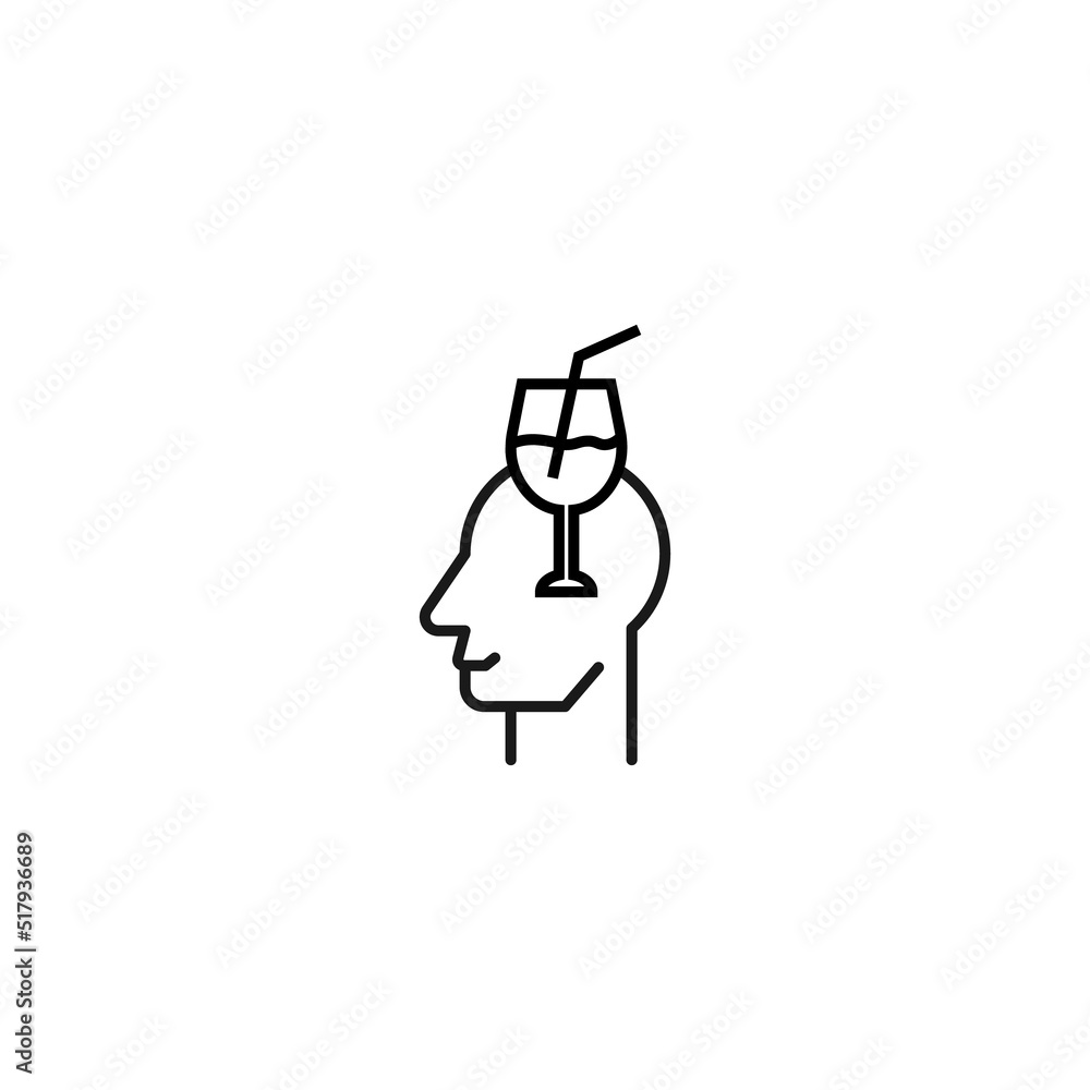 Hobbies, thought and ideas concept. Vector sign drawn in flat style. Editable stroke. Line icon of glass with wine and swizzle stick over head of man Hobbies, thought and ideas concept. Vector sign drawn in flat style. Editable stroke. Line icon of glass with wine and swizzle stick over head of man