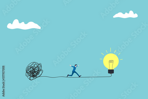 smart businessman running away from mess chaos line to simple lightbulb idea.