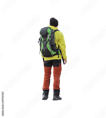 Active man with backpack isolated on white background