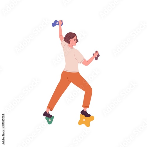 Woman climbing up rock wall, gripping artificial stones with hands. Active person exercising on fake mountain in sports bouldering park indoors. Flat vector illustration isolated on white background