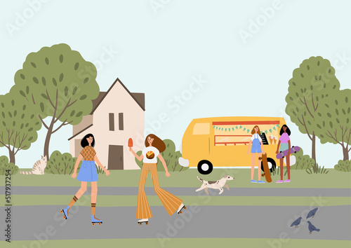 Cards with retro happy girls roller skates, skateboarding on summer city street clipart, Postcards scenery with joyful teenager characters on market in park clip art, flat cartoon vector illustration