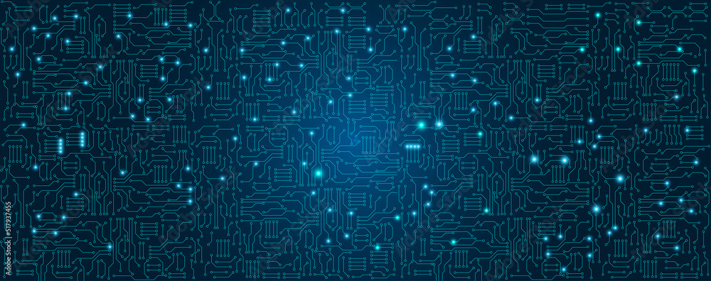 Blue circuit electronic or electrical line with circle engineering technology concept vector background