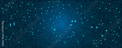 Blue circuit electronic or electrical line with circle engineering technology concept vector background