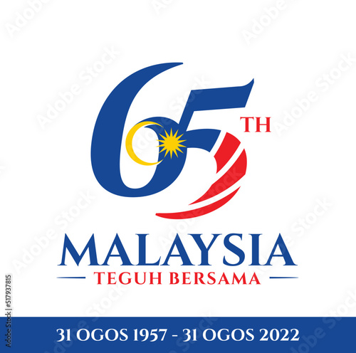 Kuala Lumpur - Malaysia. August 31, 2022: 65 Hari Kemerdekaan Malaysia, Teguh Bersama (Translation: Independence Day of Malaysia, Strong Together). 1957 - 2022. Vector Illustration.