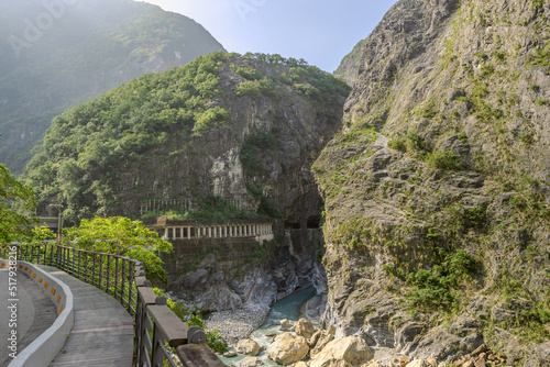 Beautiful natural scenic of the mountain rock with the river and walkway for sightseeing.