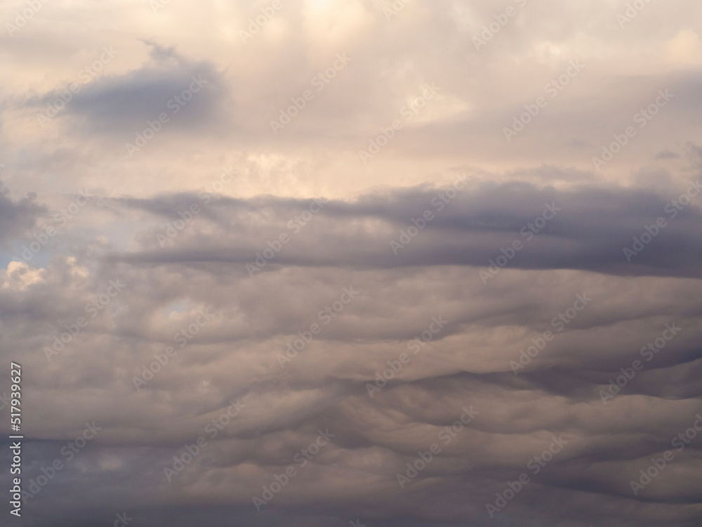 Gray cumulus clouds are a continuous wave cover of the sky. Beautiful sky with gloomy clouds in summer early in the morning. Abstract natural cloud background