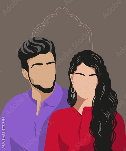 A young cisgender couple from the Middle East, India and East Asian region wearing the national dress of Shalwar Kameez. Modern trendy illustration style - faceless people.