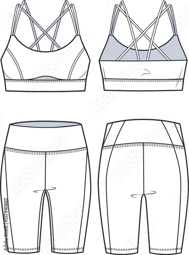 Girl's sports strappy Bra and Cycling shorts fashion flat  technical sketch template. Women's Active wear Crop top and Leggings fashion Cad mockup, front, back view, white, set.
