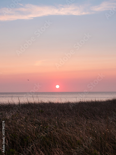 Sunrise over beach dunes and Cape Cod Bay  Sandwich Massachusetts