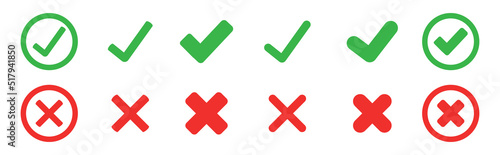 Green Check mark and Red cross x vector icon. Green sign of consent. Red wrong mark. Yes sing. No wrong symbol. Delete sign. delete, vote sign. Stock Vector 