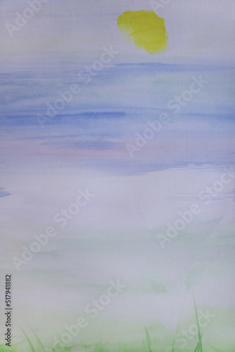 Delicate vertical background. Laconic skyscape with rising sun in morning haze. Serenity concept. Minimalistic watercolor artwork. Airy brush strokes neutral texture.