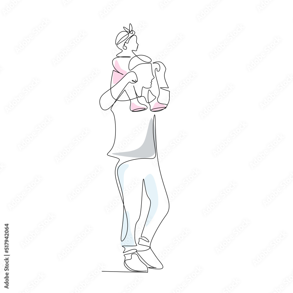 Vector illustration of a father holding his little daughter on his shoulders drawn in line-art style Vector illustration of a father holding his little daughter on his shoulders drawn in line-art style