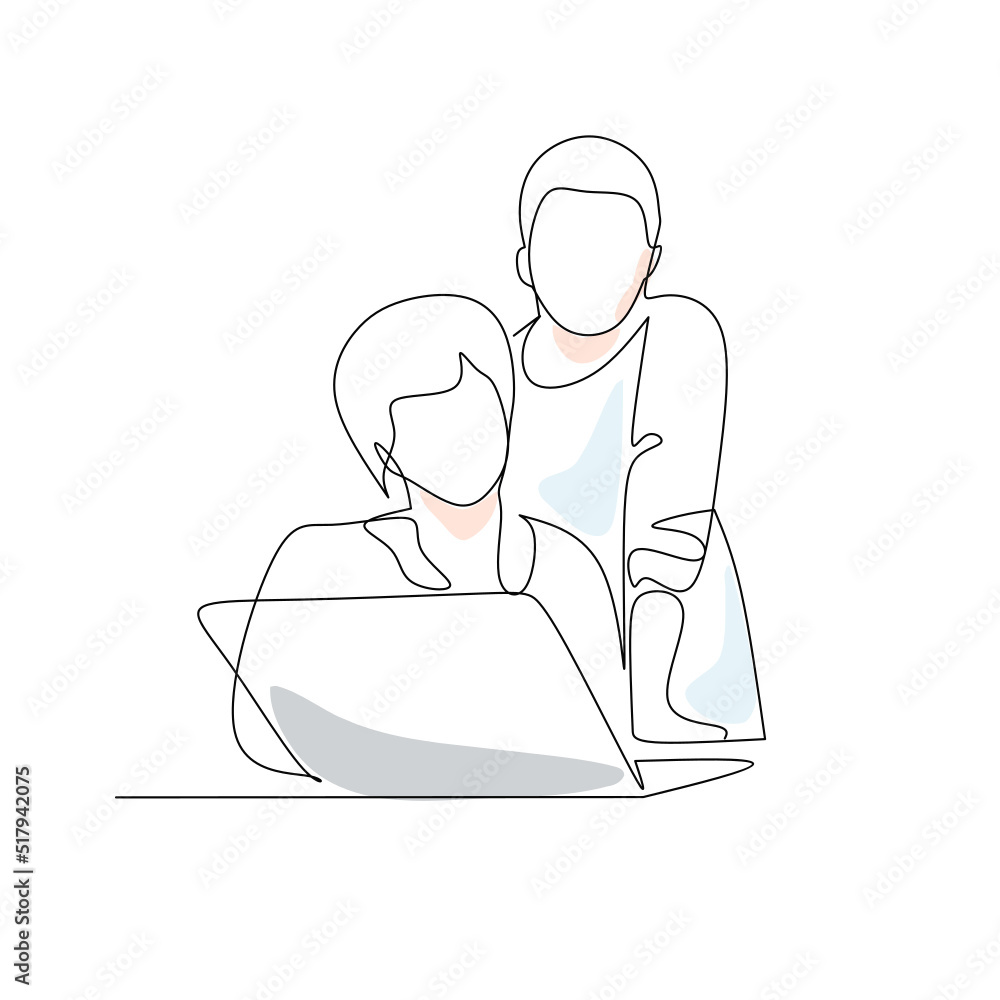 Vector illustration of people looking at a laptop drawn in line-art style