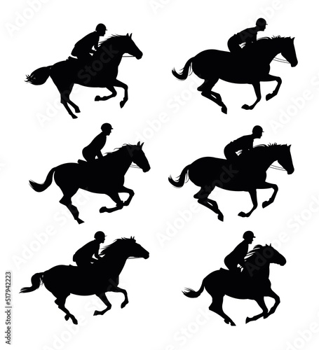 Jockey competition. Set objects. Horses ride fast. Image silhouette. Sports and sporting pet animals. Isolated on white background. Vector